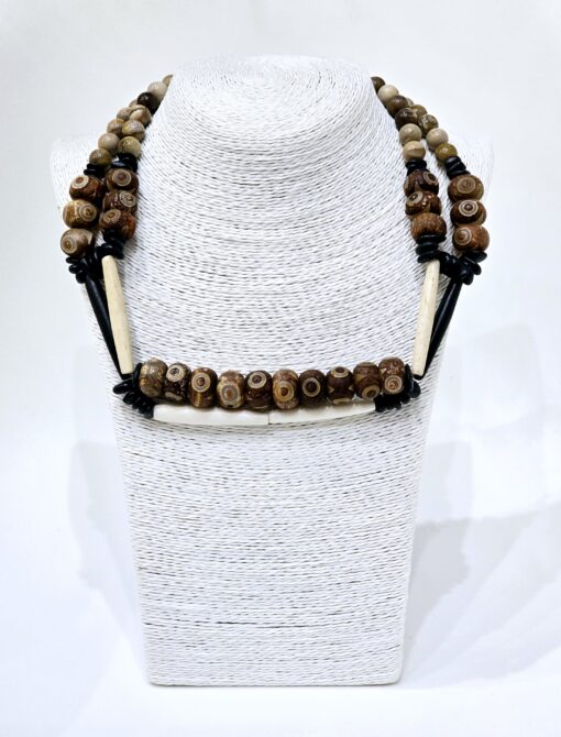 Tibetan Eye Dzi Shungite & Petrified Wood Necklace